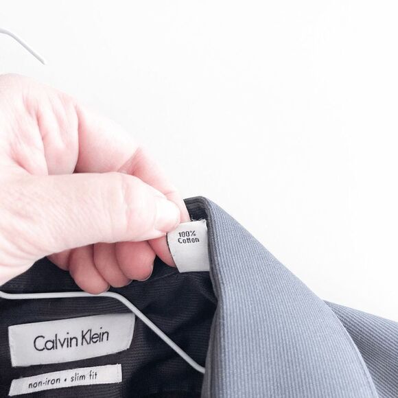 Calvin Klein Mens Slim Fit Dress Shirt Button Non-Iron Stripes Dark Gray Neck15 - Picture 4 of 8